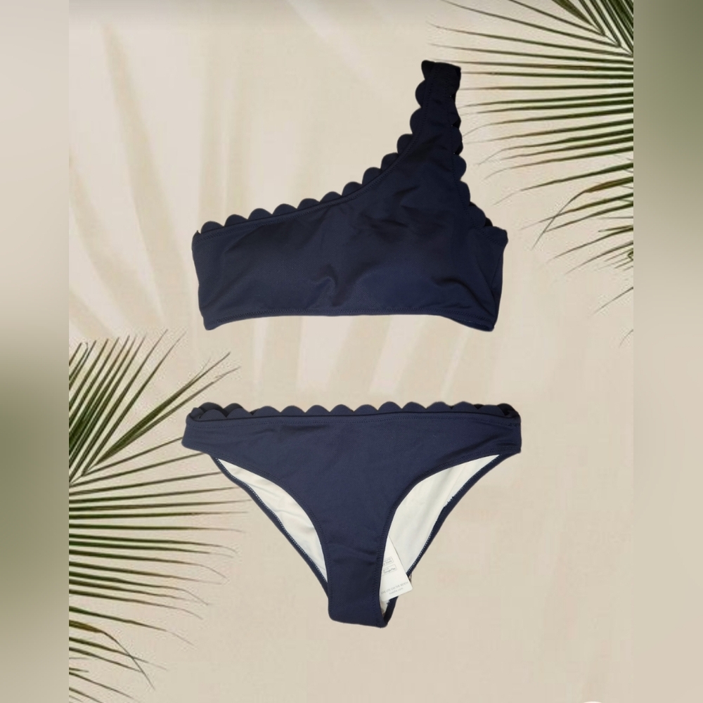 NWT CupShe Navy Blue Scalloped Edge One Shoulder Bikini Size XL (E8)